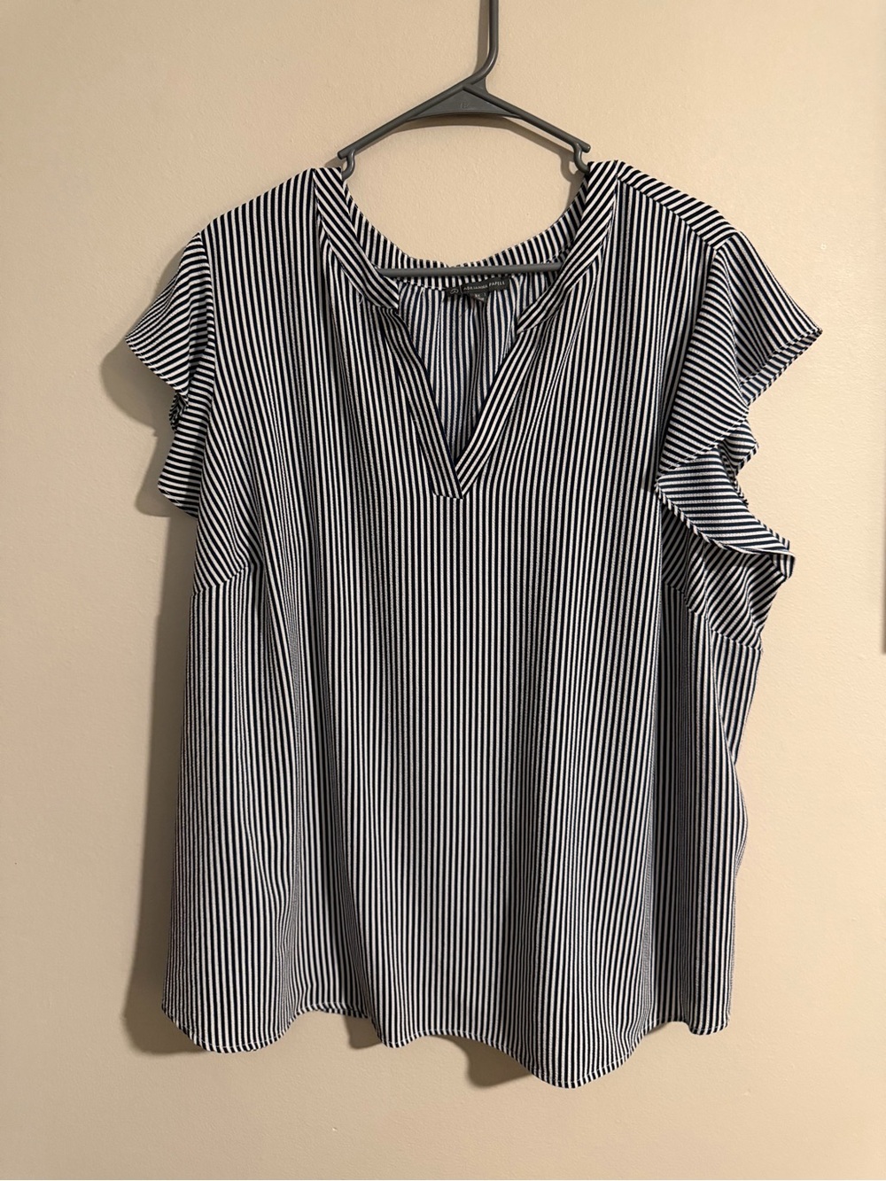 Adrianna Papell Navy and White Vertical Stripe Flutter Sleeve Top